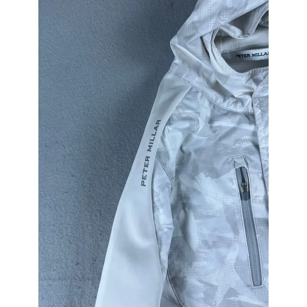 Peter Millar Pursuit Pullover Hoodie Mens M White Gray Half Zip Camo Golf Anorak
